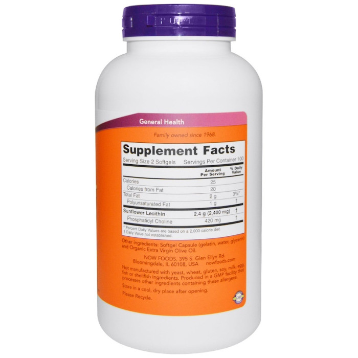 Соняшниковий лецитин, Now Foods, Sunflower Lecithin, 1200 мг, 200 капсул