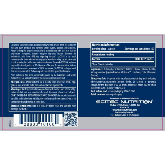 Ензим для лактози, Scitec Nutriton, Lactase Enzyme, 100 капсул
