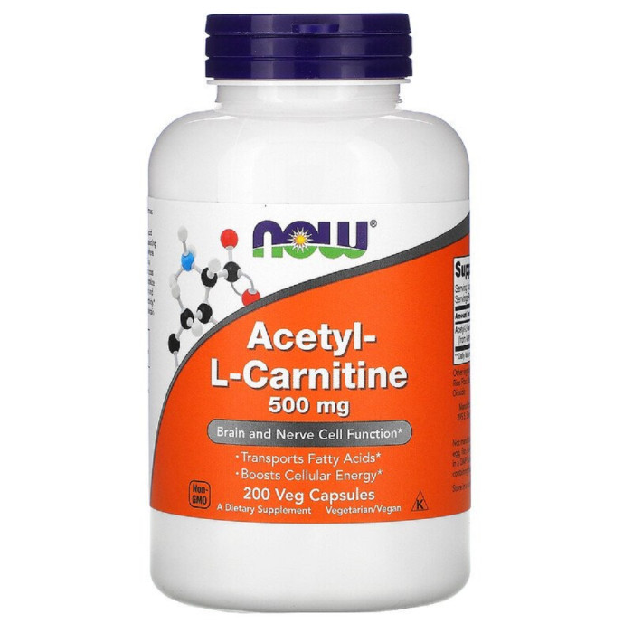 Ацетил-L-Карнітін, Acetyl-L-Carnitine, Now Foods, 500 мг, 200 Вегетаріанських Капсул