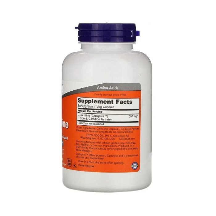 Карнітин тартрат, L-Carnitine, Now Foods, 500 мг, 180 капсул