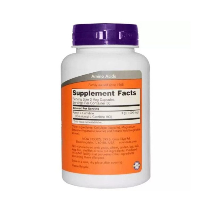 Ацетил-L-Карнітін, Acetyl-L-Carnitine, Now Foods, 500 мг, 200 Вегетаріанських Капсул