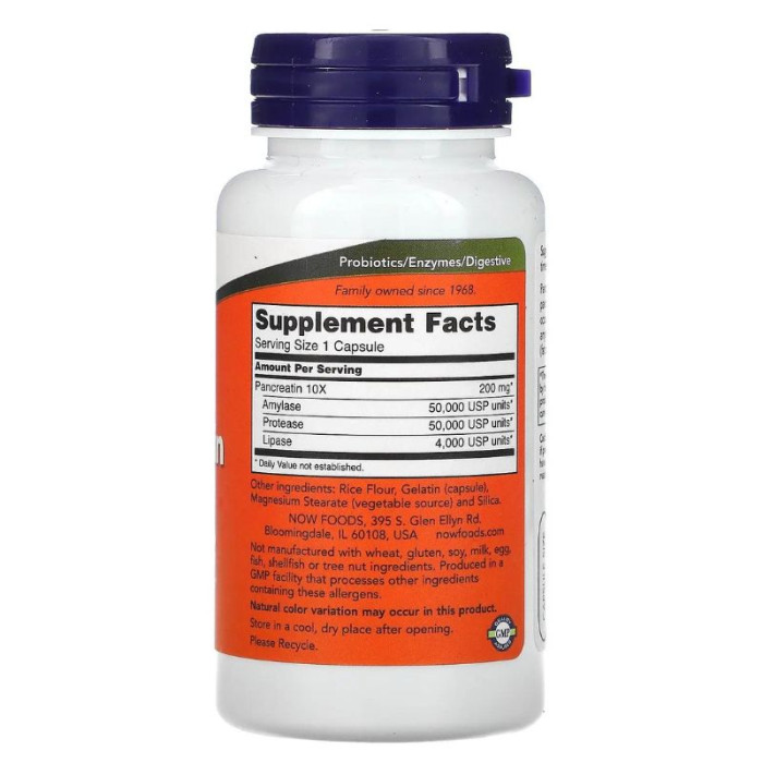 Панкреатин, Now Foods, Pancreatin 10x - 200 mg, 100 капсул